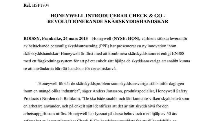 Honeywell introducerar Check & Go - revolutionerande skärskyddshandskar