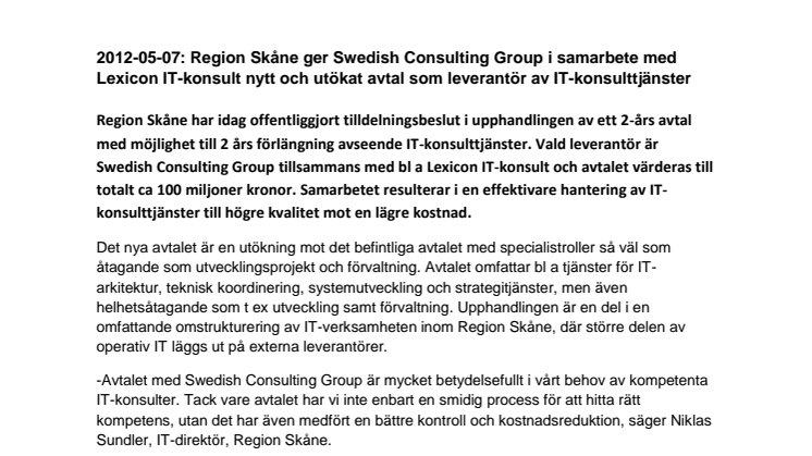 Region Skåne ger Swedish Consulting Group i samarbete med Lexicon IT-konsult nytt och utökat avtal.