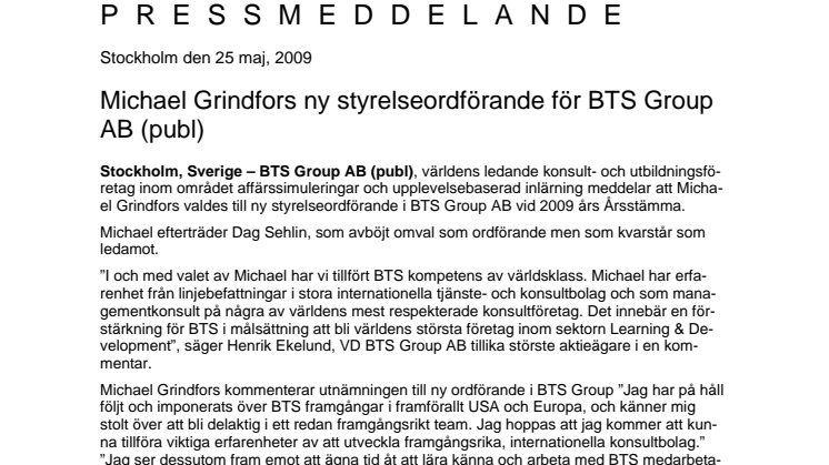 Michael Grindfors ny Styrelseordförande i BTS Group AB