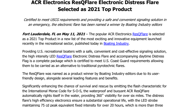 ACR Electronics ResQFlare Electronic Distress Flare Selected as 2021 Top Product 