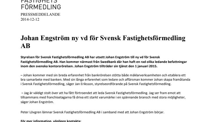 Johan Engström ny vd för Svensk Fastighetsförmedling AB