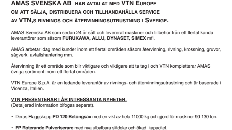 Pressrelease AMAS Svenska AB produkter från VTN Europe