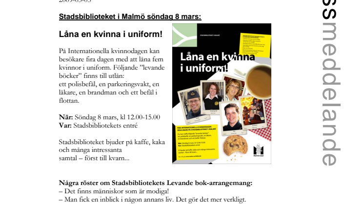 Stadsbiblioteket i Malmö söndag 8 mars: Låna en kvinna i uniform!