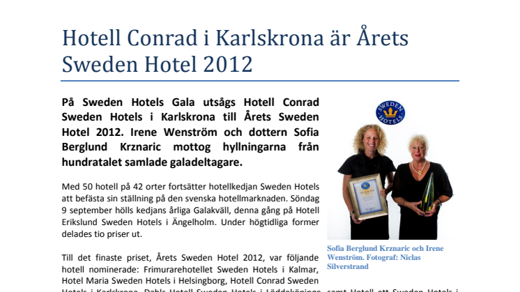 Hotell Conrad i Karlskrona är Årets Sweden Hotel 2012