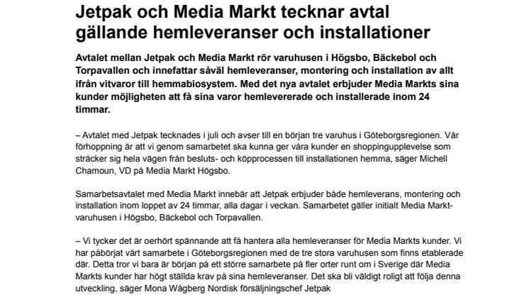 Jetpak och Media Markt tecknar avtal gällande hemleveranser och installationer