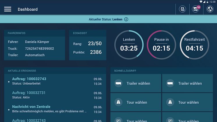 Ein Blick in die cargofleet DriverApp von idem telematics. 