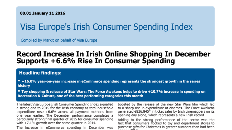 Visa Europe's Irish Consumer Spending Index - 11 January 2016