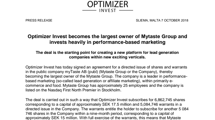 Optimizer Invest becomes the largest owner of Mytaste Group and invests heavily in performance-based marketing