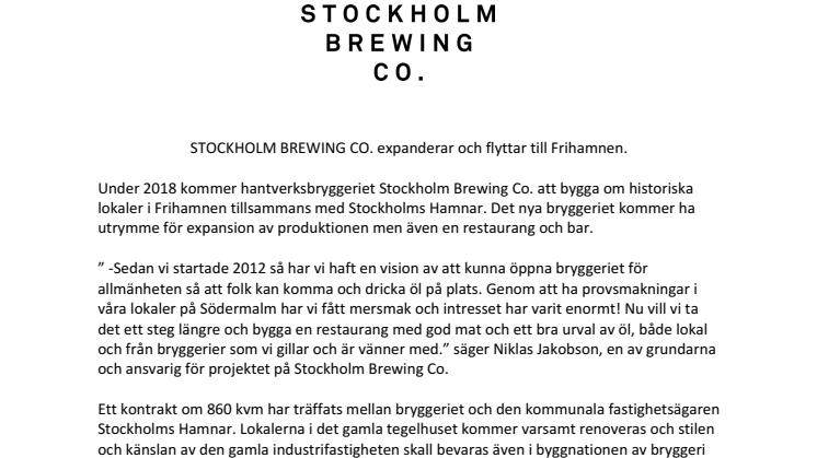 Stockholm Brewing Co. expanderar och flyttar till Frihamnen