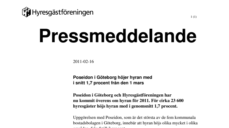 Poseidon i Göteborg höjer hyran med i snitt 1,7 procent från den 1 mars