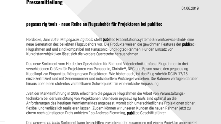 pegasus rig tools - neue Reihe an Flugzubehör für Projektoren bei publitec