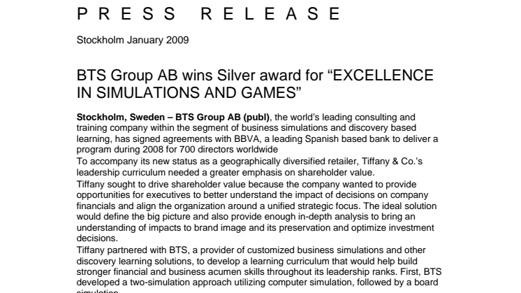 BTS Grroup AB och Tiffany & Co vinner prestigefull utmärkelse för "EXCELLENCE IN SIMULATIONS AND GAMES"