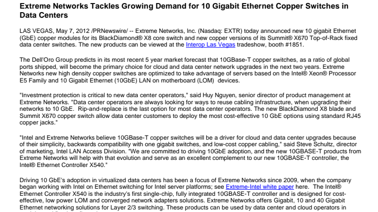 Extreme Networks Tackles Growing Demand for 10 Gigabit Ethernet Copper Switches in Data Centers