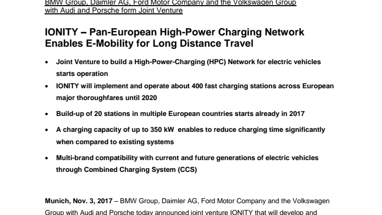 IONITY – Pan-European High-Power Charging Network Enables E-Mobility for Long Distance Travel 