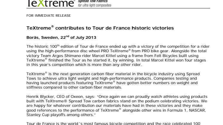 TeXtreme® contributes to Tour de France historic victories