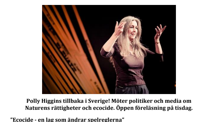 Polly Higgins tillbaka i Sverige! Möter politiker och media om Naturens rättigheter och ecocide. Öppen föreläsning på tisdag.