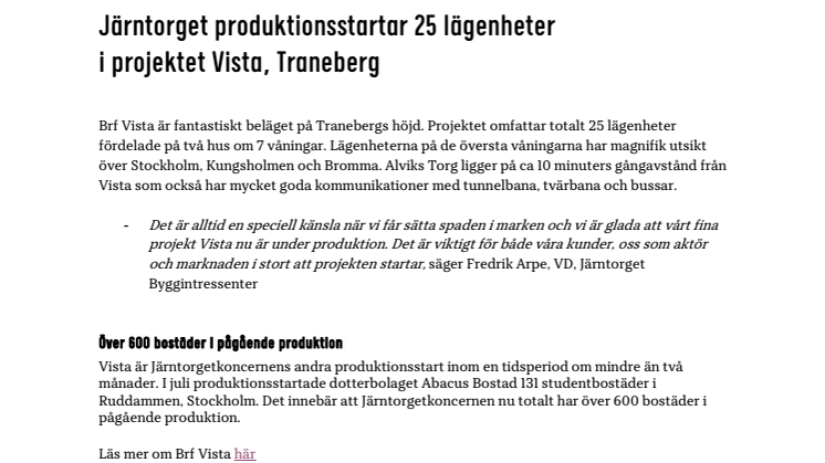 Järntorget produktionsstartar 25 lägenheter  i projektet Vista, Traneberg