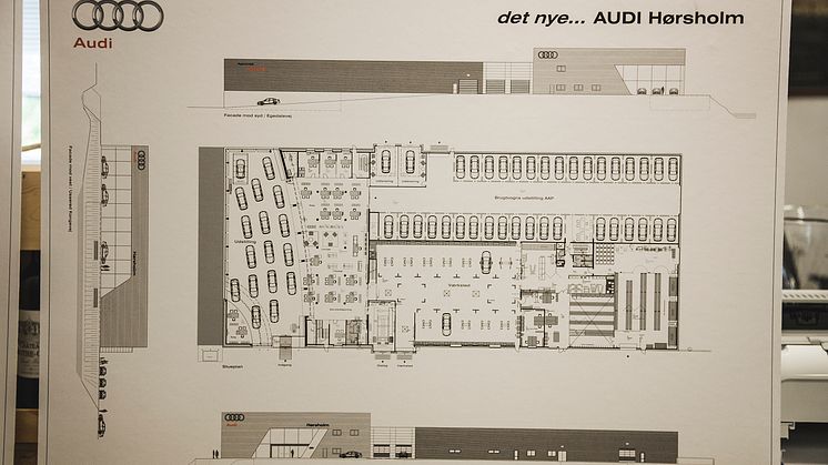 Audi Hørsholm første spadestik - projekttegning over stueplanet af det nye bilhus