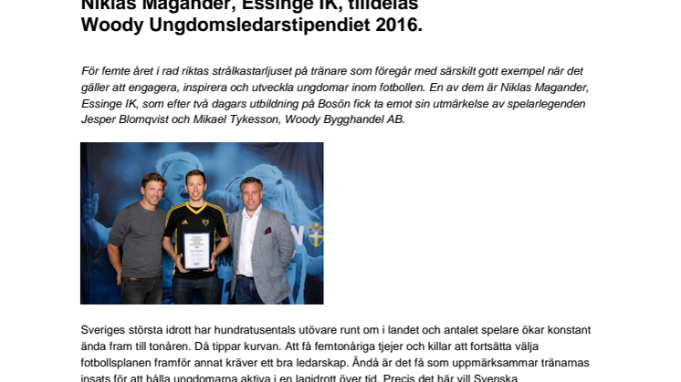 Niklas Magander, Essinge IK, tilldelas  Woody Ungdomsledarstipendiet 2016