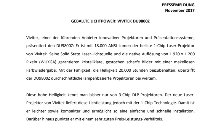 GEBALLTE LICHTPOWER: DER 1-CHIP LASER-PROJEKTOR VIVITEK DU9800Z