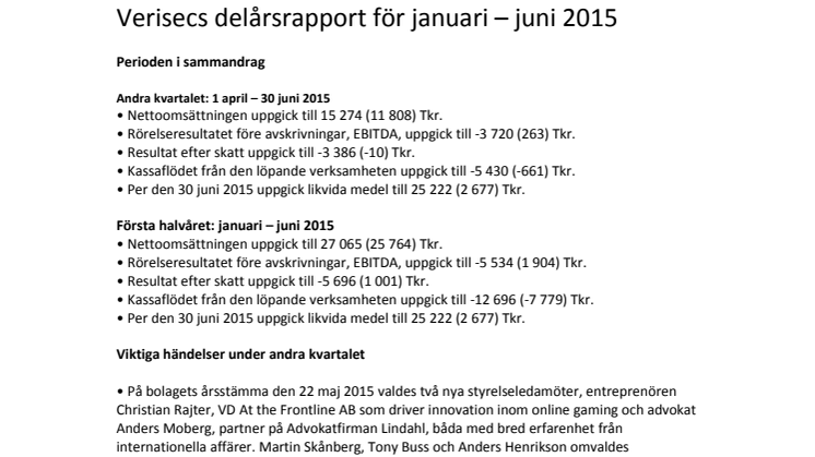 Verisecs delårsrapport för januari – juni 2015