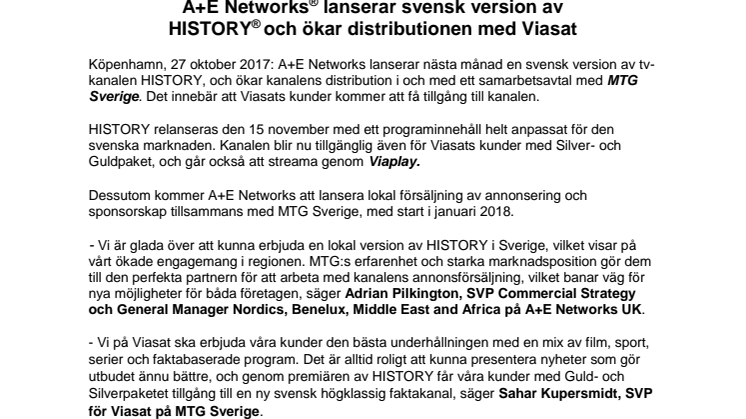 A+E Networks lanserar svensk version av HISTORY och ökar distributionen med Viasat