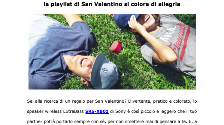 Per lui e per lei: con lo speaker wireless SRS-XB01 la playlist di San Valentino si colora di allegria