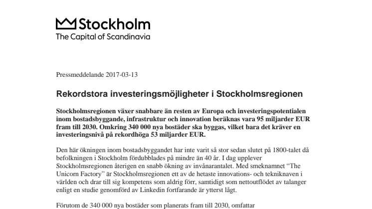 Rekordstora investeringsmöjligheter i Stockholmsregionen