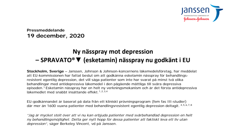 Ny nässpray mot depression  – Spravato nu godkänt i EU