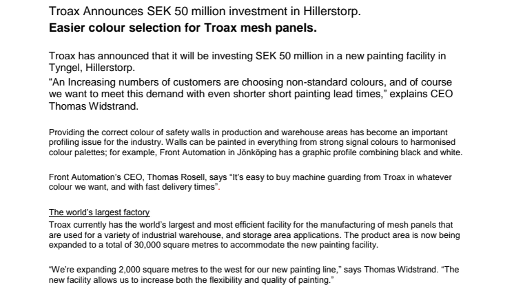 Troax Announces SEK 50 million investment in Hillerstorp