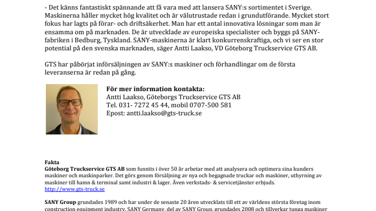 GTS utsedd till generalagent i Sverige för SANY Germanys maskiner