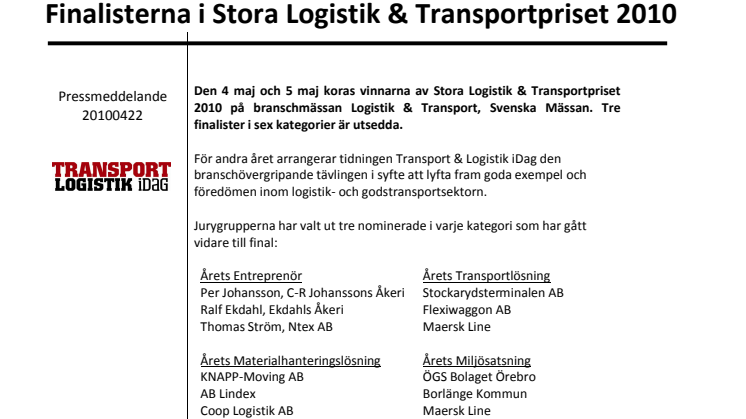 Finalisterna i Stora Logistik & Transportpriset 2010