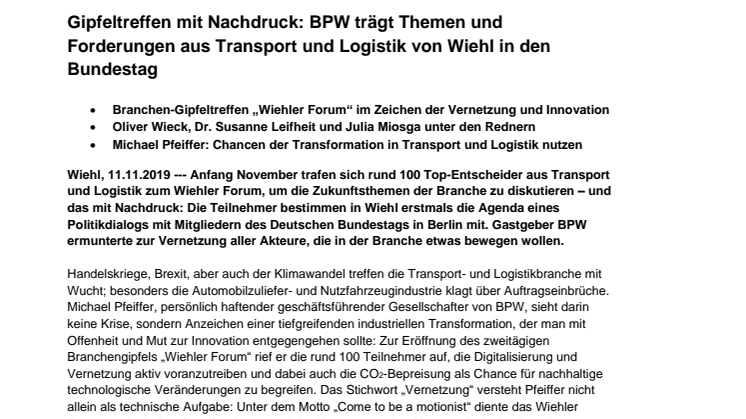 Gipfeltreffen mit Nachdruck: BPW trägt Themen und Forderungen aus Transport und Logistik von Wiehl in den Bundestag