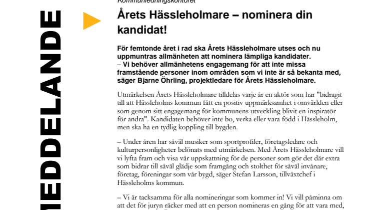 Årets Hässleholmare - nominera din kandidat!