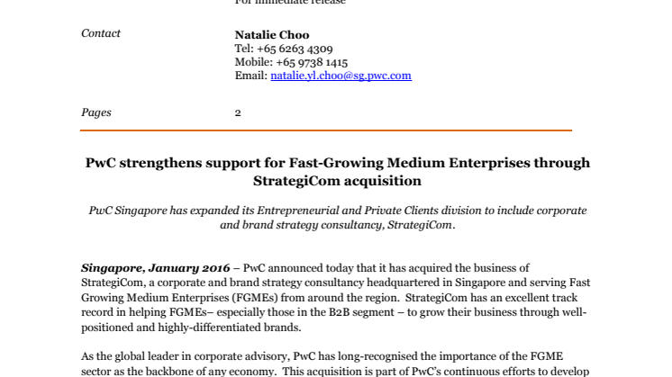 ​PwC strengthens support for Fast-Growing Medium Enterprises through StrategiCom acquisition
