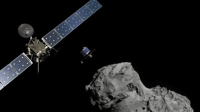 Rymdsonden Rosetta, landaren Philae och kometen 67P. Bild: ESA/ATG medialab/Rosetta/NavCam