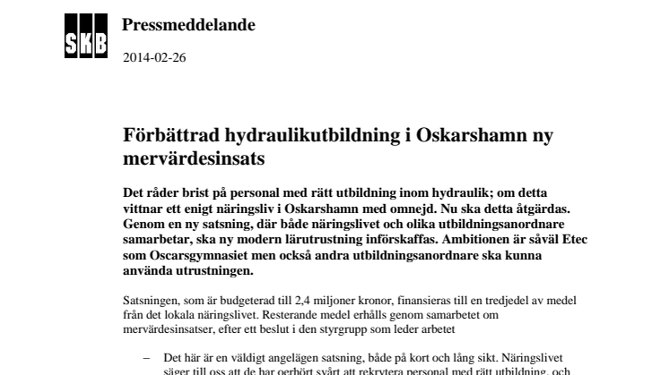 Förbättrad hydraulikutbildning i Oskarshamn ny mervärdesinsats
