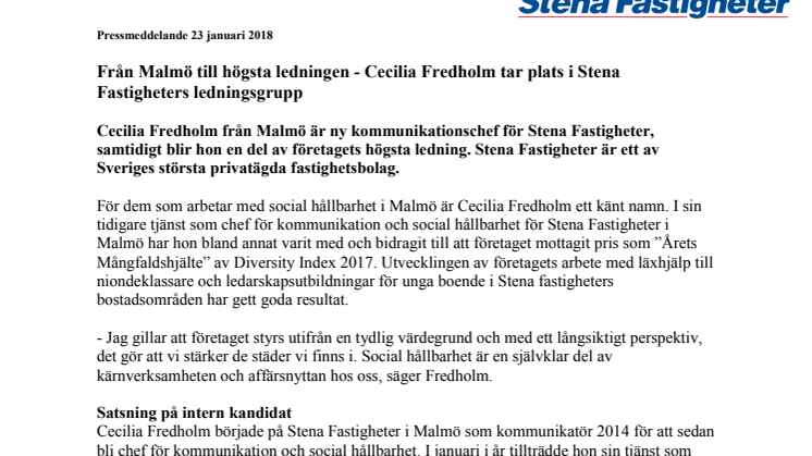 Från Malmö till högsta ledningen - Cecilia Fredholm tar plats i Stena Fastigheters ledningsgrupp