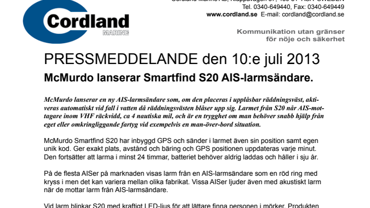 McMurdo lanserar Smartfind S20 AIS-larmsändare.