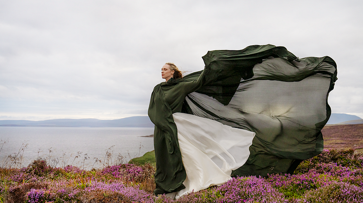 Gwendoline Christie standing on Hobbister Moor in Orkney where Highland Park's peat is cut, from short film Orkney Stories CREDIT Annabel Elston _ Highland Park