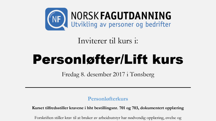 Liftkurs 8 desember 2017 i Tønsberg