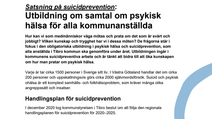 Pressmeddelande om Tibro kommuns suicidpreventiva arbete