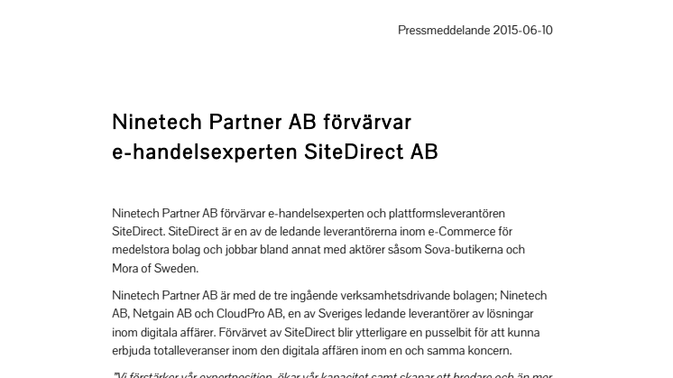 Ninetech Partner AB förvärvar e-handelsexperten SiteDirect AB