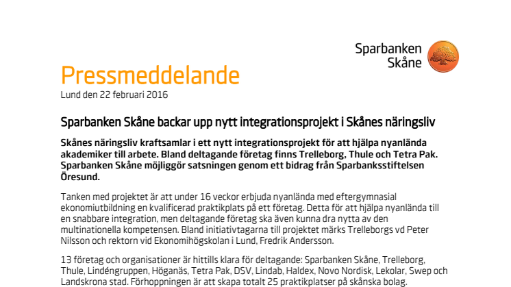 Sparbanken Skåne backar upp nytt integrationsprojekt i Skånes näringsliv