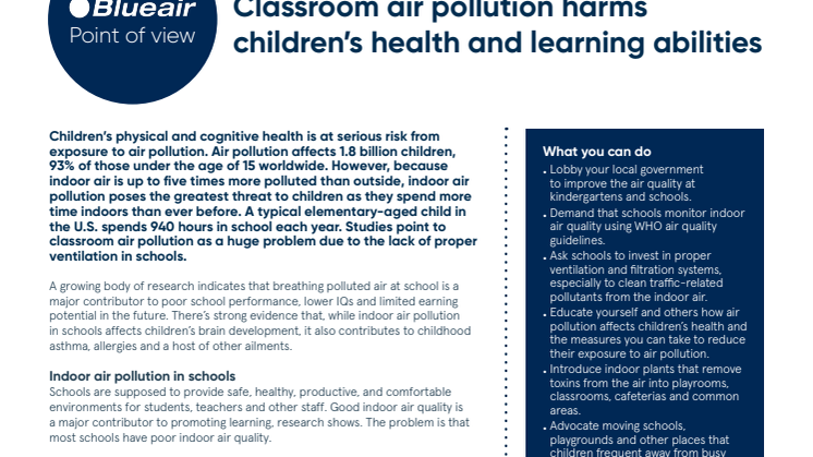 Classroom air pollution harms children’s health and learning abilities