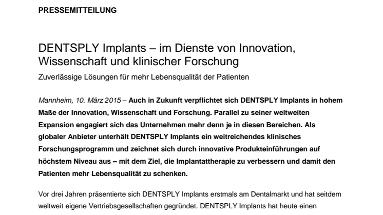 DENTSPLY Implants – im Dienste von Innovation, Wissenschaft und klinischer Forschung
