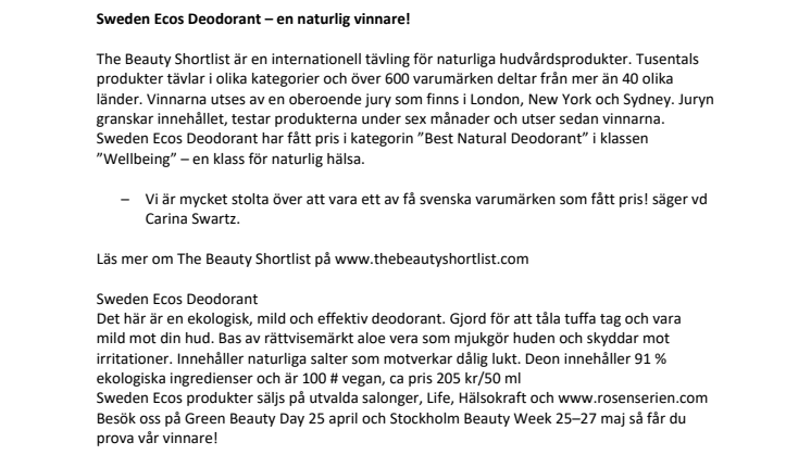 Sweden Ecos deodorant – en naturlig vinnare!