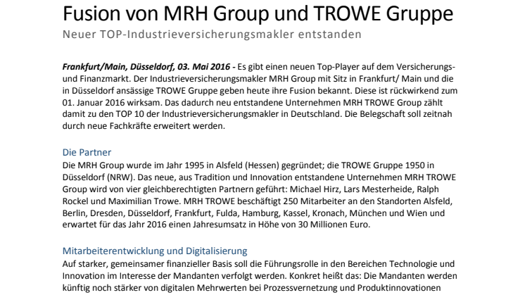 Fusion von MRH Group und TROWE Gruppe