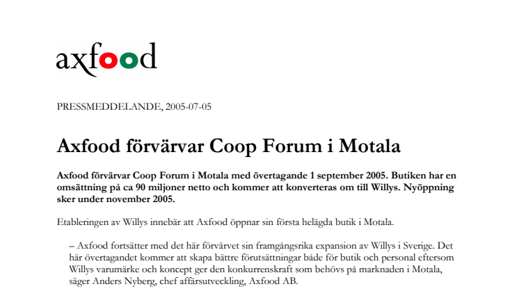 Axfood förvärvar Coop Forum i Motala