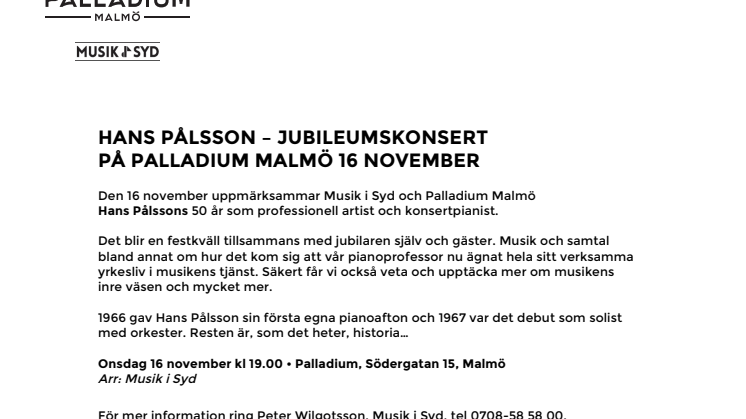 Hans Pålsson – Jubileumskonsert på Palladium Malmö den 16 november